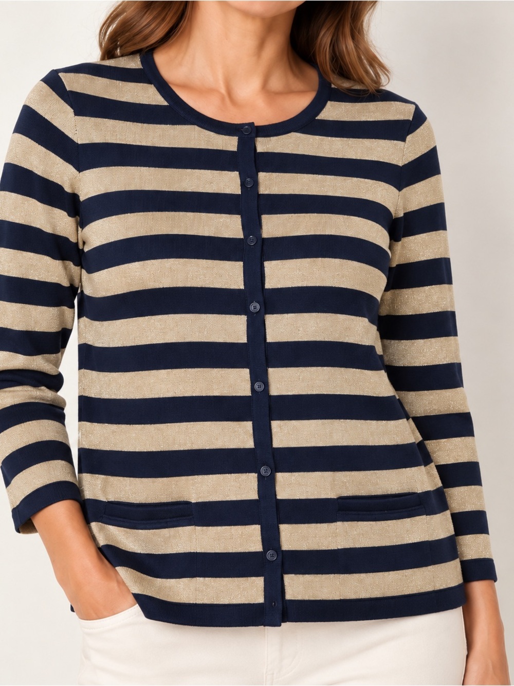 RALPH LAUREN Gold Metallic & Navy Stripe Cardigan Nautical Coastal Preppy Size S